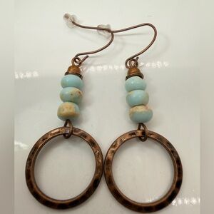 Rustic Copper Hoop Dangle Earrings Turquoise Beads Boho Artisan
